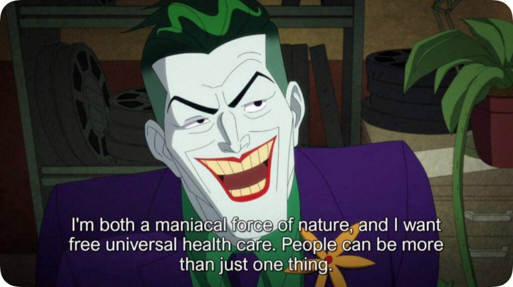 Joker mówiący, że ludzie mogą być czymś więcej niż jedną rzeczą naraz
