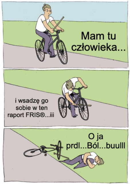 Mem o rowerzyście, który wkłada patyk w szprychy i sam powoduje swój upadek
