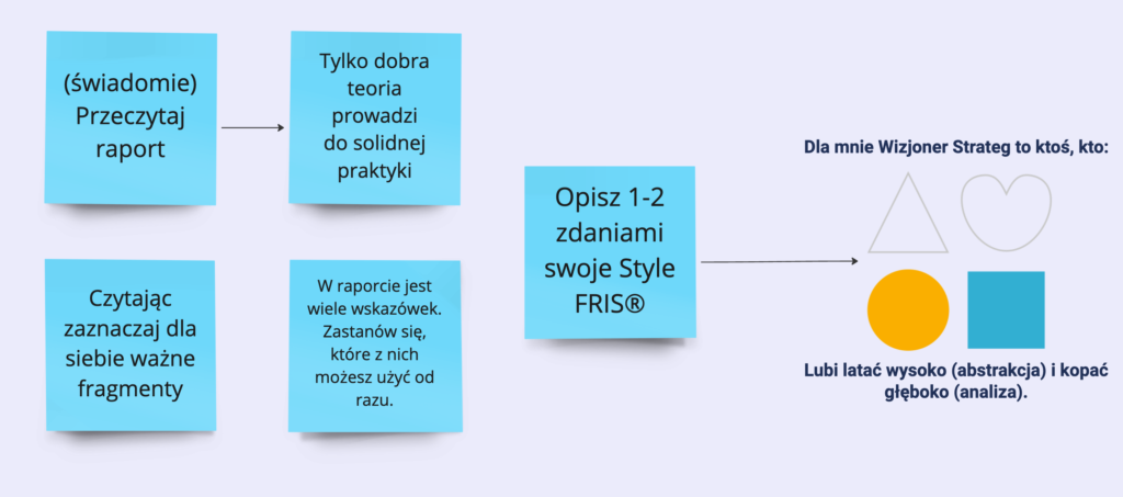 Schemat pracy z raportem FRIS®: przeczytaj raport, zaznacz ważne fragmenty, opisz Style FRIS® i przełóż wiedzę na praktykę